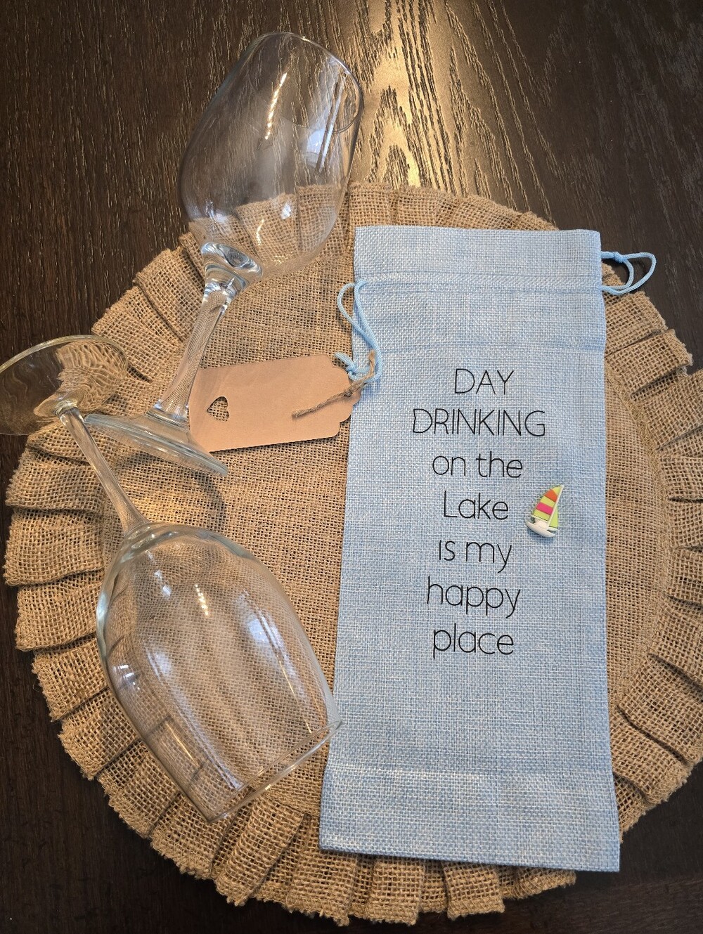 Day Drinking On The Lake Wine Bag Blue Burlap Bottle Gift Tote Lake House Gift🍷